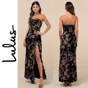Luxurious Allure Black Burnout Velvet Strapless Maxi Dress